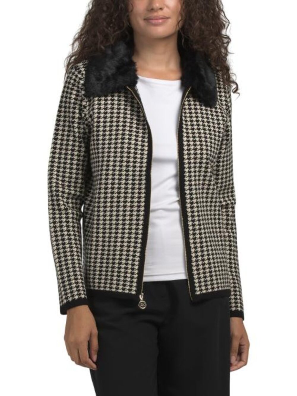 ANNE KLEIN Long Sleeve Faux Fur Collar Zip Jacket